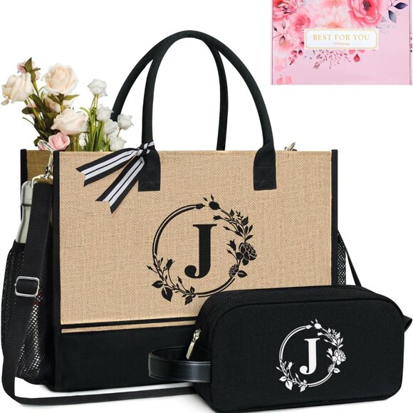 Personalized Canvas Tote Bag with Initials for Women Gift Beach Travel Organizer - Picture 1 of 7